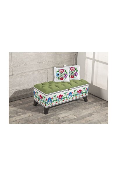 Armi Puf Kapitoneli Etnik Çiçekler Desenli Sandıklı Puf+2 Kırlent