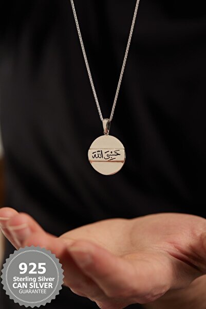 CAN SİLVER 925 Ayar Gümüş Hasbi Allah Yazılı Tasarım Gümüş Erkek Kolye