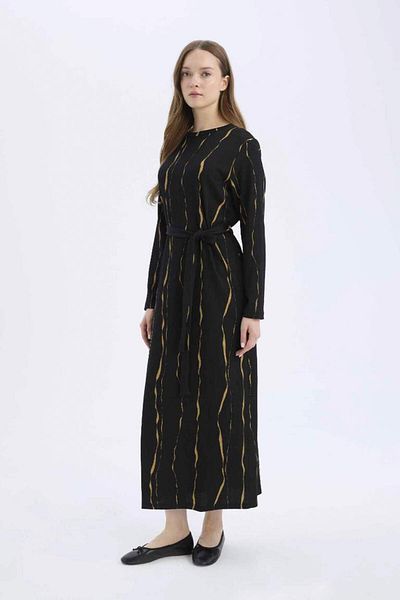 DeFacto New Season Regular Fit Crew Neck Patterned Long Sleeve Wrap Maxi Dress