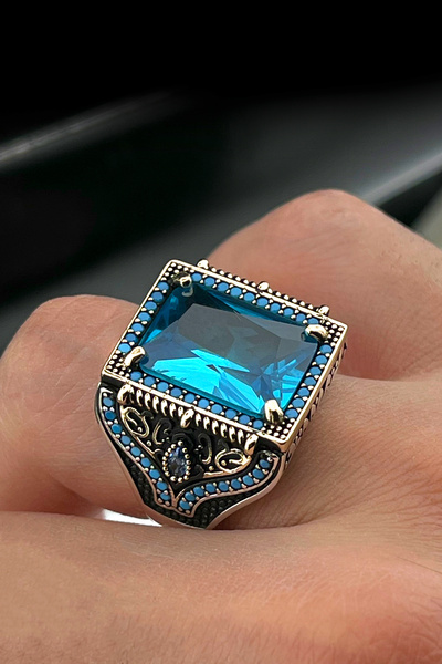 Duende Silver Aqua Mavi Zirkon Taşlı 925 Ayar Gümüş Yüzük Osmanlı Tarz Yüzük ...