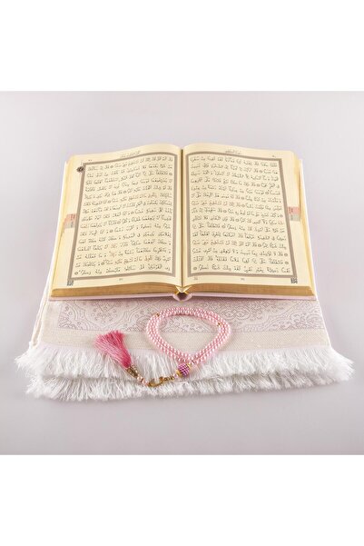 nurfem Kuran +  Seccade +  Tesbih Hediye Seti (Hafız Boy, Termo Deri, Desenli Kutu, Toz Pembe)