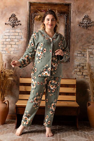 CALİA Women's Oversize Large Size Buttoned Front Long Sleeve Fleece Pajama Set