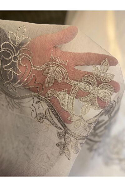 VANESSA PERDE Etek İki Sıra Aplike İşlemeli Ekru Zemin Üzerine Gri İşleme 1x3...