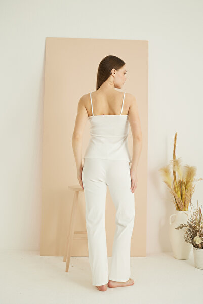 Siyah İnci ekru İp Askılı Bağlamalı Fitilli Kaşkorse Örme Pijama Takım 7823