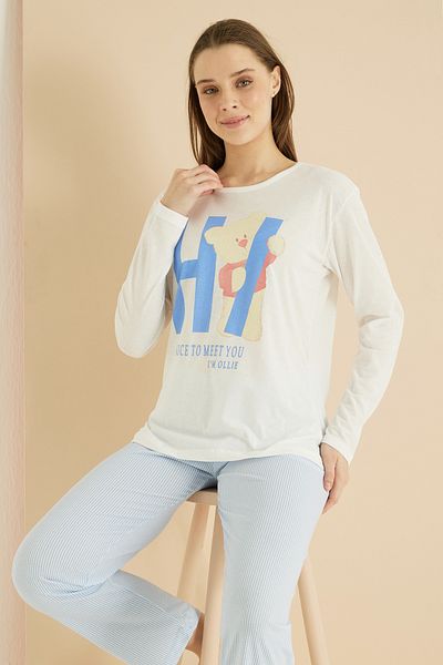 Siyah İnci model de linie albastră și albă Costum de pijama tricotat din bumbac 7819