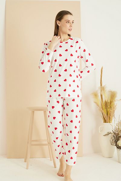 Siyah İnci model de inimă albă roșie Costum de pijama tricotat cu textura moale 7819