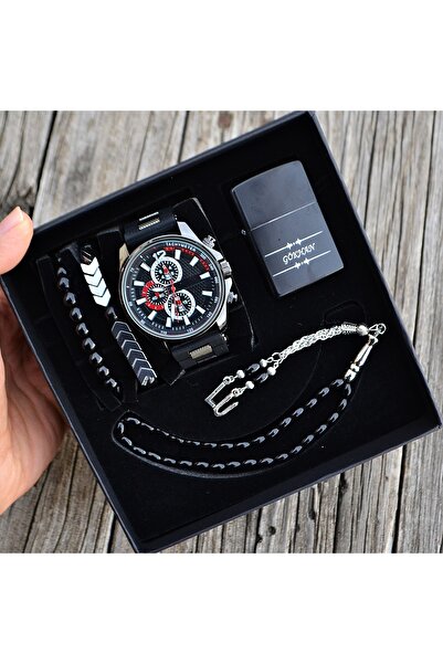 DEEPWELL Sevgililer Günü Erkek Kol Saati Çakmak Tesbih Bileklik Seti Set707
