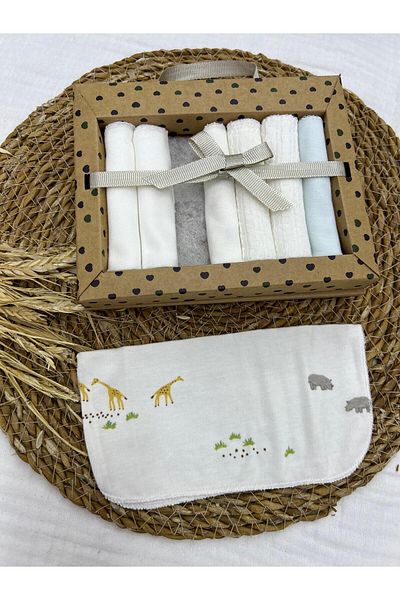 Caramell 2025 Model Safari Animal Patterned Baby Mouth Wipes - Pack of 7 Combed Cotton