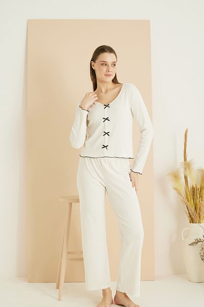 Siyah İnci Ecru Lace Bow Ribbed Camisole Knitted Pajama Suit 7816
