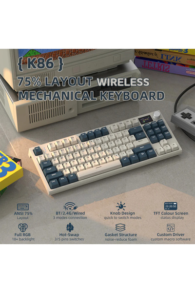 Meyer Gaming Attack Shark K86 2.4G Wireles/Bluetooth/USBC Gasket Kablosuz RGB Ekranlı Mekanik Klavye TÜRKÇE Q