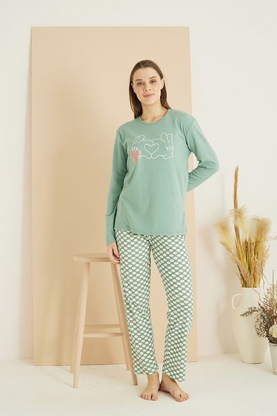 Siyah İnci Σετ πιτζάμες Interlock Cotton Knitted με πράσινο σχέδιο 7819