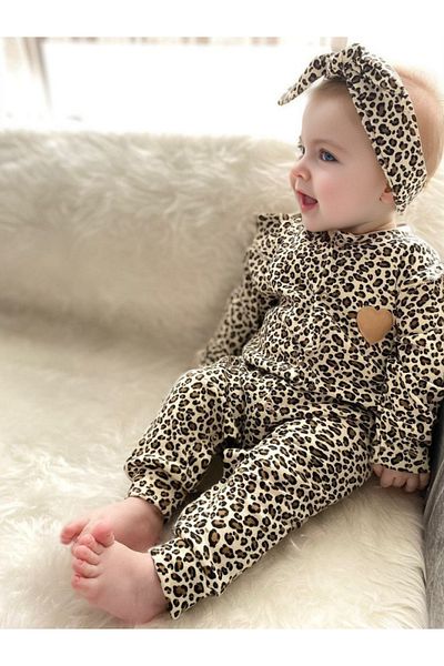 TiniMiny Kİds Begisa Baby Girl Bandanna Leopard Pattern Jumpsuit Set