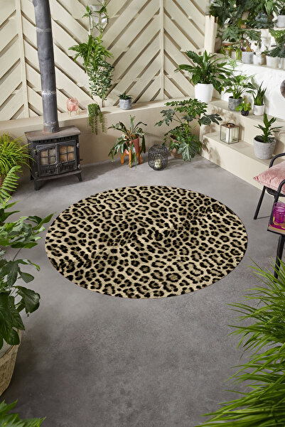 Napoli Home Baskılı Modern Leopar Model Yıkanabilir Kaymaz Taban Yuvarlak Mut...