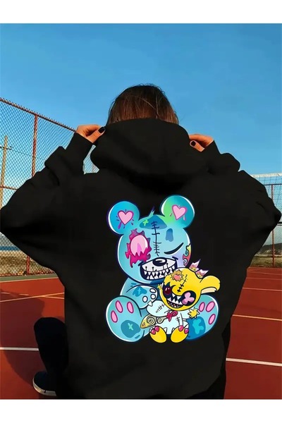 LAND MODA سويت شيرت أسود بغطاء للرأس مطبوع عليه دمية دب كرتونية للجنسين