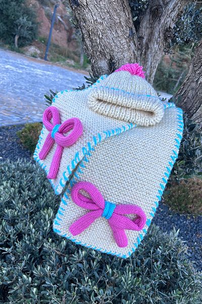 Mila Ecru Glittery Bow Hand Knitted Beanie & Scarf Set