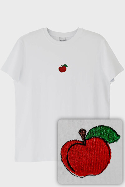 NUUGG Kırmızı Elma Desenli Nakışlı Meyve Tişört | Canlı Ve Zarif Tasarım