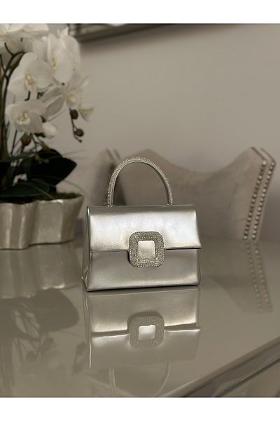 mossi Women's Shiny Silver Evening Dress Bag - Crystal Stone Buckle Evening Dress Bag