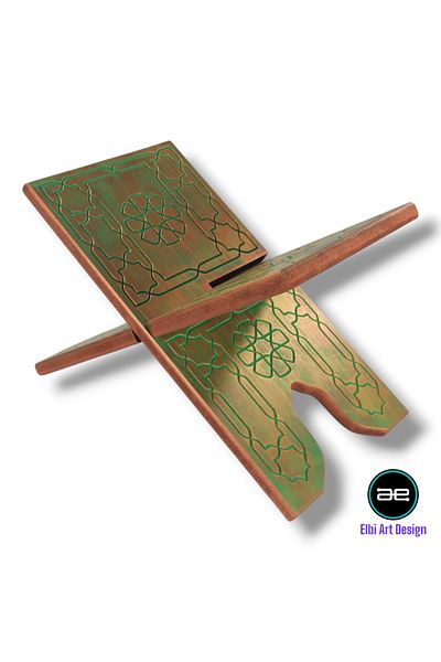 ELBİ Seljuk Motif Embroidered Islamic Green Desktop Large Size Gilded Wood Rahle Book Reading Stand