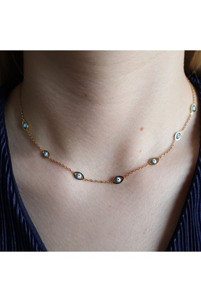 leargia Evil Eye Beaded Steel Necklace-Gold