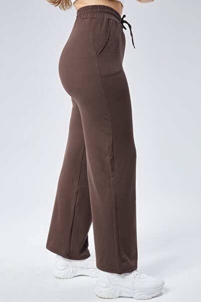 BANEGA Curve Kadın Kahverengi Çift Cepli Beli Lastikli Boru Paça Fitilli Tayt Eşofman Altı