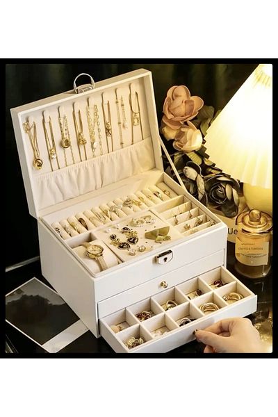 İsdeksan Decorative Jewelry Box 3 Tiers Locked Jewelry Box Jewelry Organizer