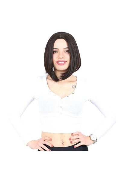 Nurdan Trend Peruk Straight Short Fiber Synthetic Wig Without Bangs - Brown