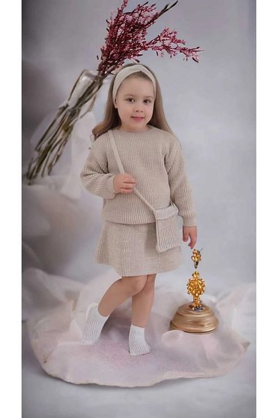 Arasmoda Girl's 4-Piece Knitwear Set with Skirt, Sweater, Hair Band and Bag Accessories