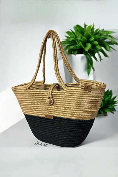 evdeucuz Geantă de plajă din paie de iută naturală - Geantă din seria specială cu nasturi, negru-auriu