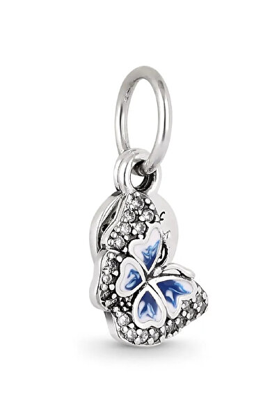 Fubena Mavi Kelebek Ve Yazılı Çift Sallantılı Gümüş Charm