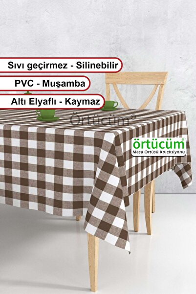Örtücüm Kahverengi Beyaz Pötikareli Astarlı Pvc Muşamba Mutfak Masa Örtüsü Le...