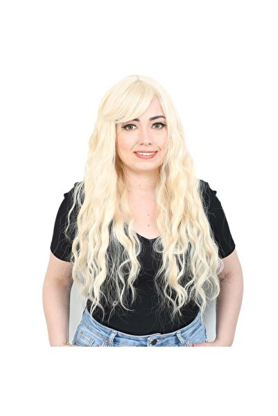 Nurdan Trend Peruk Long Water Wave Fiber Synthetic Wig with Perch - Platinum