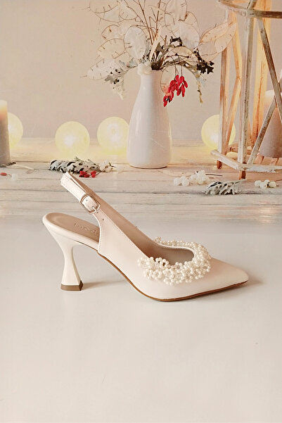 Modavien Kadın 7 cm beyaz incili gelin ayakkabısı 450