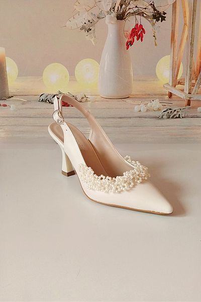 Modavien Pantofi de mireasă de damă cu perle albe de 7 cm - 450