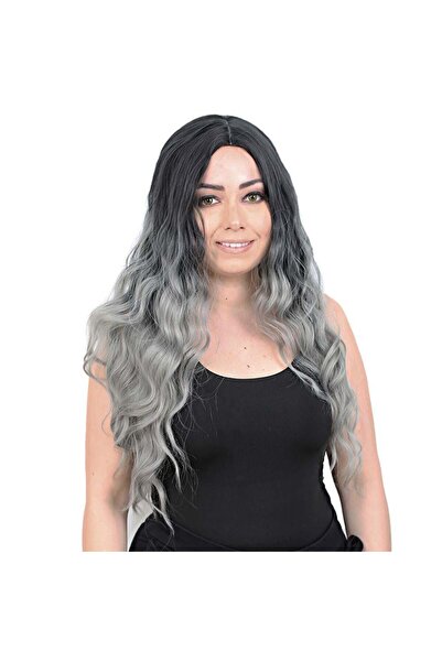 Nurdan Trend Peruk Water Wave Long Rivetless Fiber Synthetic Wig - Black / Gr...