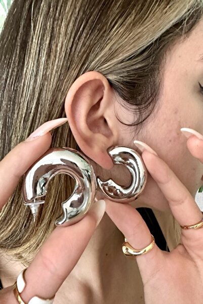 alsaccessories Kadın Gümüş Renk Bombeli Kalın Oval Halka Küpe