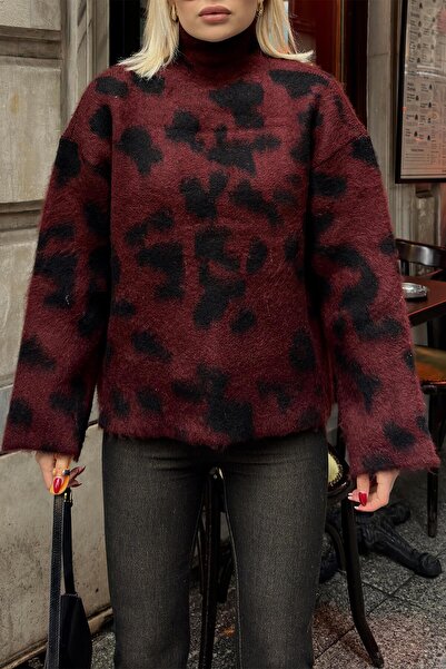 Swist Pulover de damă cu barbă, cu guler ridicat, cu model leopard