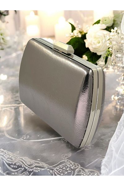 Biçanta Anthracite Grey Platinum - Δερμάτινη βραδινή τσάντα με λουράκι αλυσίδας, μεταλλικό χρώμα με ζάρωμα, για αποφοίτηση αρραβώνων γάμου