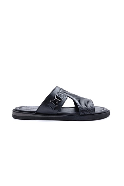 Hammer Jack Ανδρικές παντόφλες από γνήσιο δέρμα μαύρες με ελαφρύ σχέδιο Comfort Straw Pattern Print