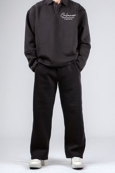 swOzz Pantaloni de sport largi, unisex, cu 3 fire, țesătură înălțată cu buzunar cu fermoar