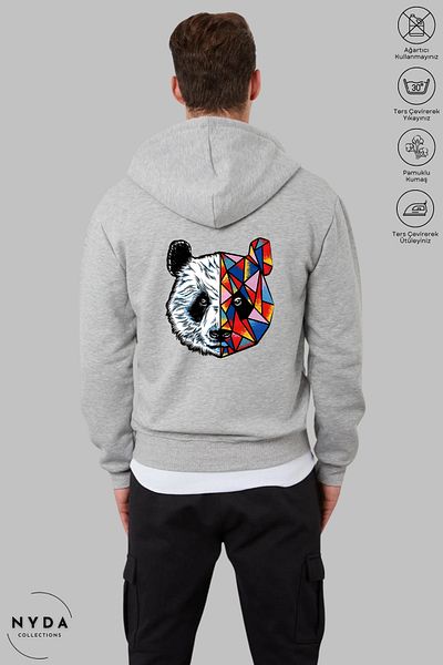 Nyda Collections Πολύχρωμο Panda Printed - Γκρι βαμβακερό χειμερινό μπουφάν με φερμουάρ Oversize τσέπη