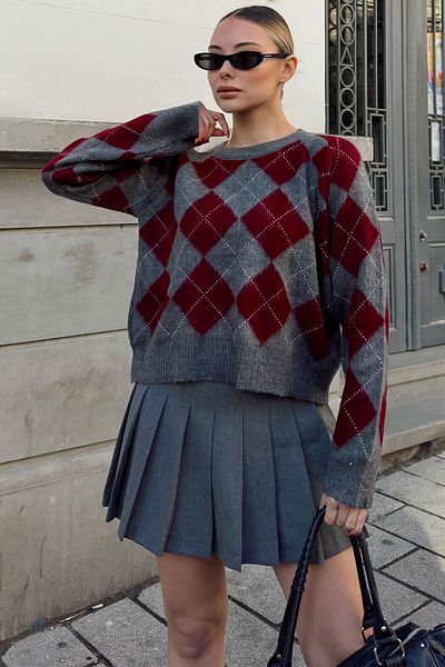 Swist Pulover de damă Dezy Baklava cu model tricotaj burgundy