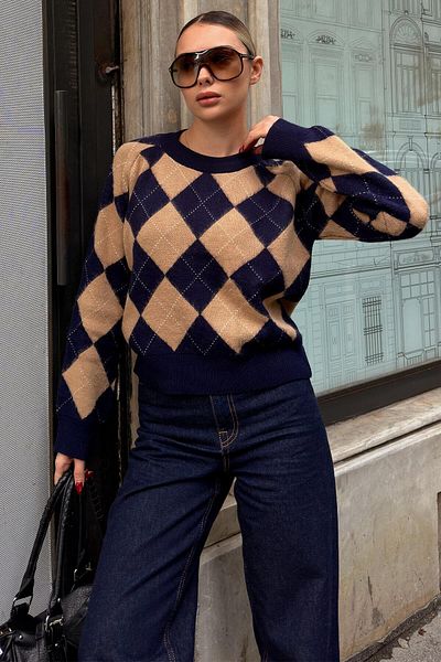 Swist Navy Blue Dezy Diamond Patterned Women's Knitwear Sweater