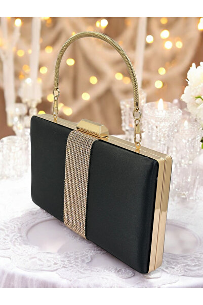 Biçanta Μαύρο Χρώμα Satin Rosegold Stone Γυναικείο βραδινό φόρεμα Τσάντα βραδ...