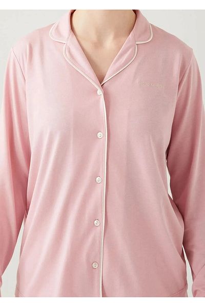 Pierre Cardin Women's Long Sleeve Pajamas Set - Shirt Neck, Button, Piping Detail Thclvr.77.17.Pc.Vr