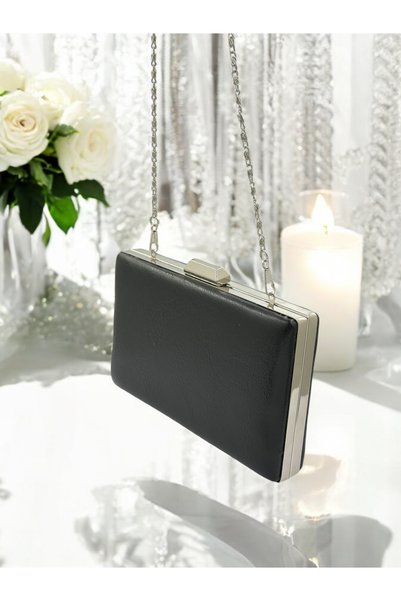 MidStore Black Wrinkled Skin Leather Metallic Color Chain Strap Evening Dress Bag