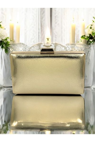 Biçanta Gold Gold Dore - Βραδινή τσάντα φορέματος με μεταλλική αλυσίδα και δερμάτινο λουράκι για γάμο και αρραβώνα