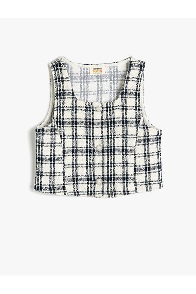 Koton Square neck button detail plaid tweed vest .