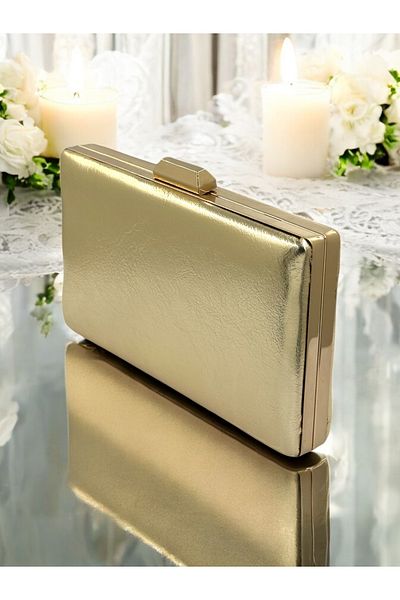Biçanta Gold Gold Dore - Βραδινή τσάντα φορέματος με μεταλλική αλυσίδα και δερμάτινο λουράκι για γάμο και αρραβώνα
