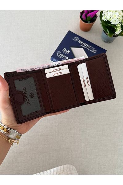 DERKON Men's Wallet - Genuine Leather, Magnet Fold, Sakura Model, Brown