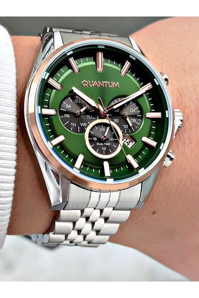 Quantum Function Silver-Green Color Steel Band Steel Case Men's Wristwatch 987.570